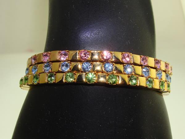 Vintage Joan Rivers Crystal Cuff Bracelet Set (3-Piece) - Gold Tone, Pink, Green & Blue - Original Box