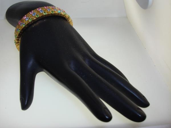 Vintage Joan Rivers Crystal Cuff Bracelet Set (3-Piece) - Gold Tone, Pink, Green & Blue - Original Box