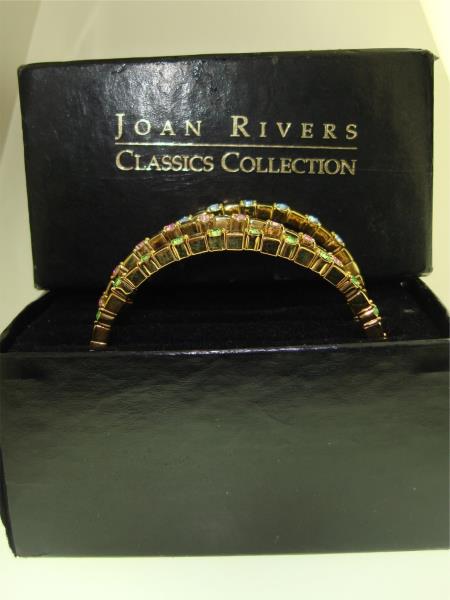 Vintage Joan Rivers Crystal Cuff Bracelet Set (3-Piece) - Gold Tone, Pink, Green & Blue - Original Box