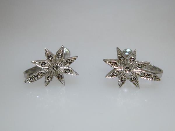 Vintage Sterling Silver & Marcasite Screw Back Earrings - 1940s-60s Star Design