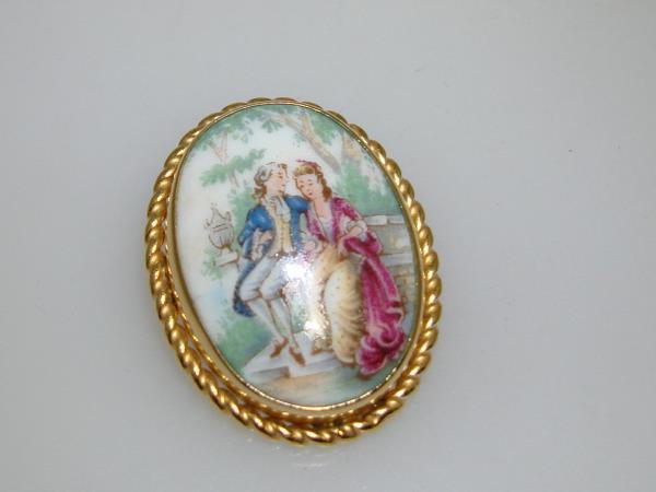 Vintage Van Dell Gold Filled Limoges Porcelain Pin/Pendant - Handpainted French Design