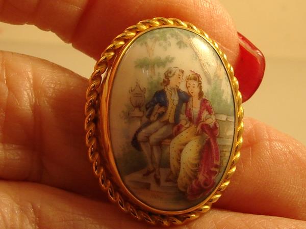 Vintage Van Dell Gold Filled Limoges Porcelain Pin/Pendant - Handpainted French Design