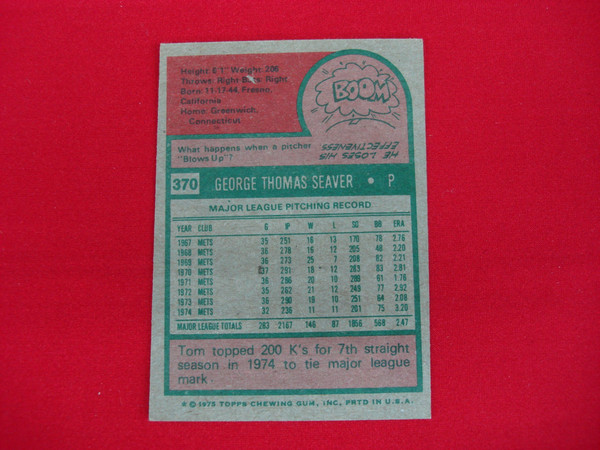 1975 Topps Tom Seaver #370 New York Mets Baseball Card - PSA Graded (Condition as Shown)