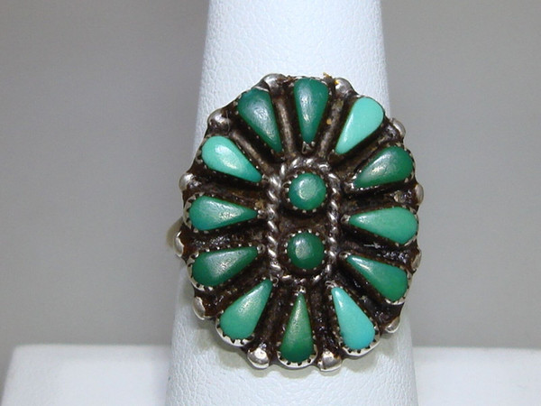 Vintage 1970s Zuni Sterling Silver Turquoise Ring by B. Natewa (Size 8)