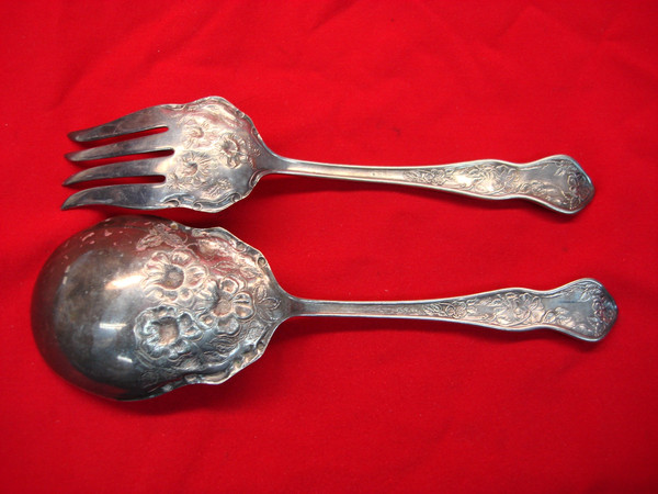 Vintage R.C. Co. Rose Pattern Silverplate Cold Meat Fork & Serving Spoon Set (Patented 1910)