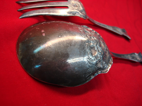 Vintage R.C. Co. Rose Pattern Silverplate Cold Meat Fork & Serving Spoon Set (Patented 1910)