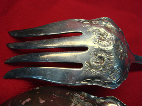 Vintage R.C. Co. Rose Pattern Silverplate Cold Meat Fork & Serving Spoon Set (Patented 1910)