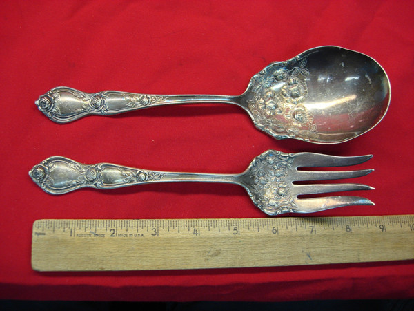 Vintage R.C. Co. Rose Pattern Silverplate Cold Meat Fork & Serving Spoon Set (Patented 1910)