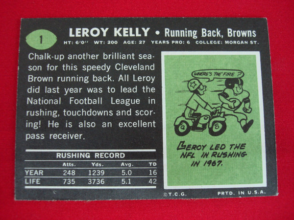LeRoy Kelly 1969 Topps Football Card #1 Cleveland Browns - Vintage Sports Collectible