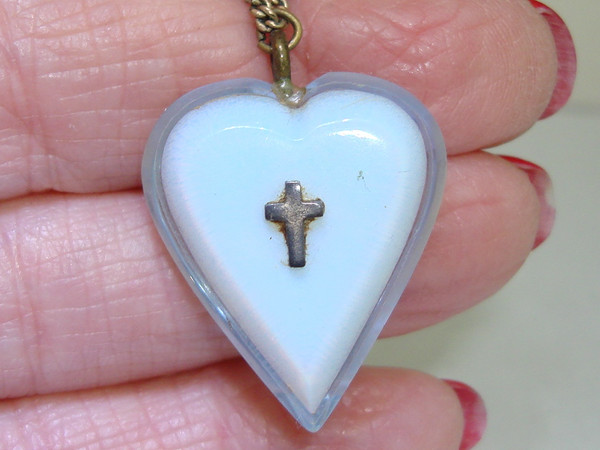 Vintage Lucite Heart Necklace with Cross, Gold-Filled Chain (1940s-50s)