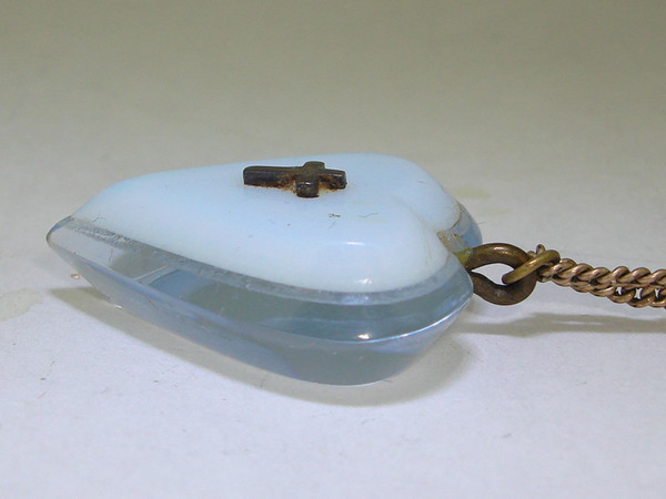 Vintage Lucite Heart Necklace with Cross, Gold-Filled Chain (1940s-50s)