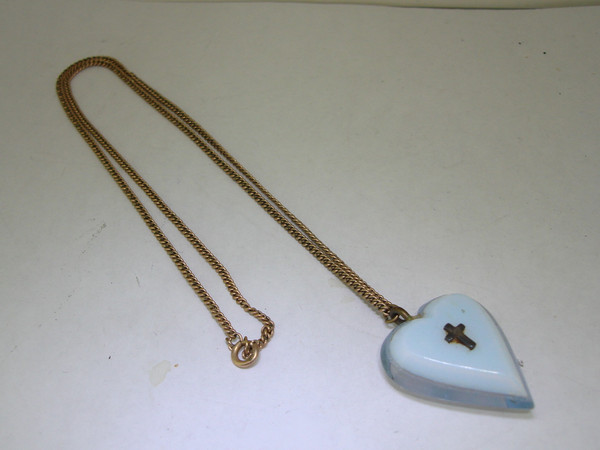 Vintage Lucite Heart Necklace with Cross, Gold-Filled Chain (1940s-50s)