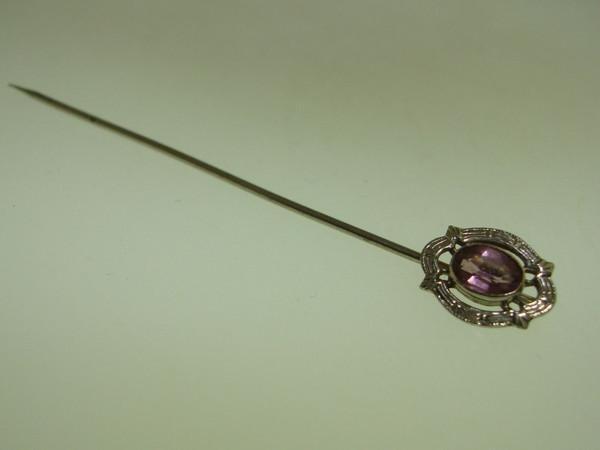Antique Art Deco 10K Gold Filigree Amethyst Stick Pin | Vintage Estate Jewelry