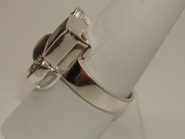Vintage Sterling Silver Abalone, Smoky Quartz & Marcasite Modernist Ring (Size 9)