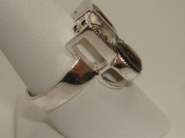 Vintage Sterling Silver Abalone, Smoky Quartz & Marcasite Modernist Ring (Size 9)
