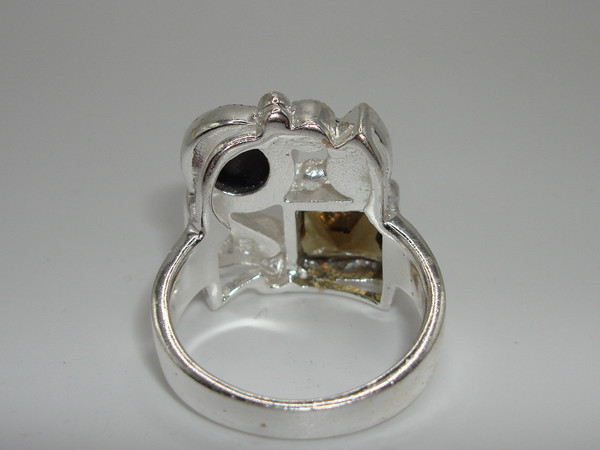 Vintage Sterling Silver Abalone, Smoky Quartz & Marcasite Modernist Ring (Size 9)