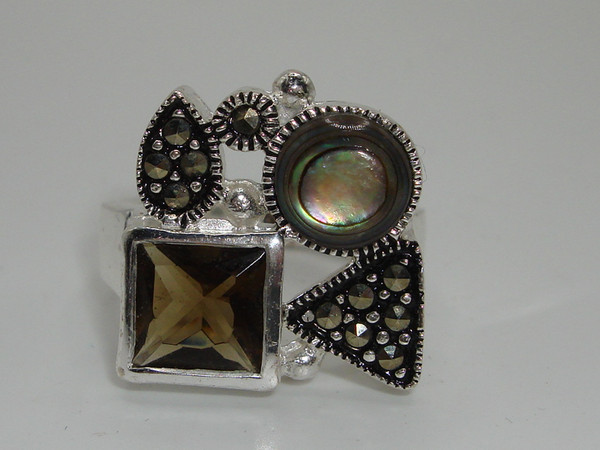 Vintage Sterling Silver Abalone, Smoky Quartz & Marcasite Modernist Ring (Size 9)