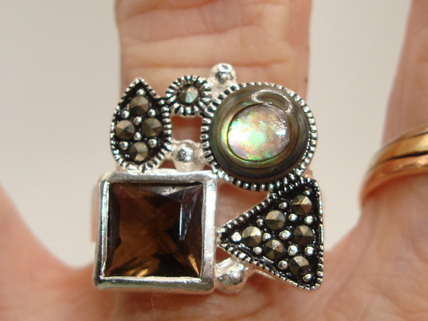 Vintage Sterling Silver Abalone, Smoky Quartz & Marcasite Modernist Ring (Size 9)