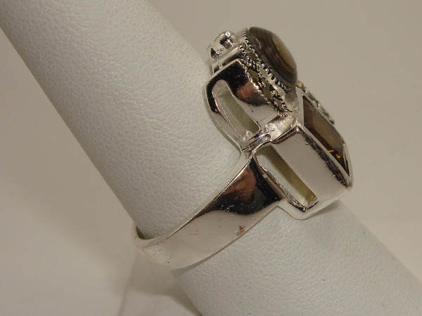 Vintage Sterling Silver Abalone, Smoky Quartz & Marcasite Modernist Ring (Size 9)