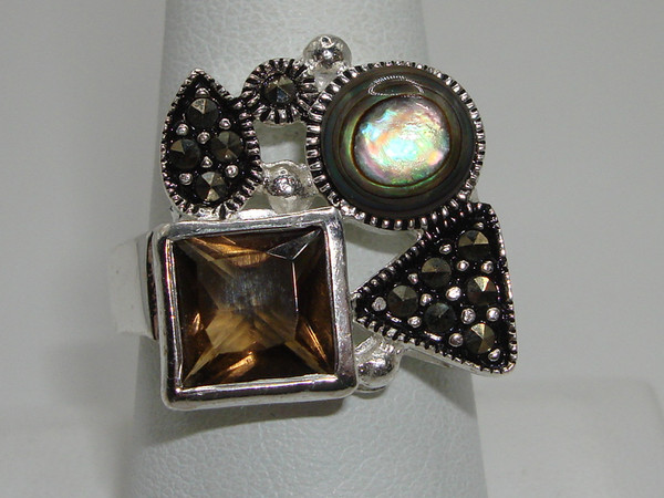 Vintage Sterling Silver Abalone, Smoky Quartz & Marcasite Modernist Ring (Size 9)