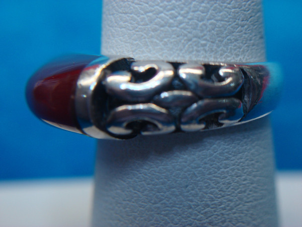 Sterling Silver Red Coral Ring - Size 6 1/2 - Vintage Design