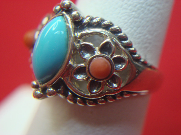 Vintage Sterling Silver Turquoise & Coral Ring, Size 6 - Unique Design