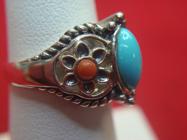 Vintage Sterling Silver Turquoise & Coral Ring, Size 6 - Unique Design