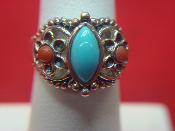 Vintage Sterling Silver Turquoise & Coral Ring, Size 6 - Unique Design