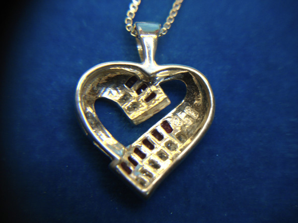 Sterling Silver Heart Necklace w/Red & Clear Stones - Pre-Owned