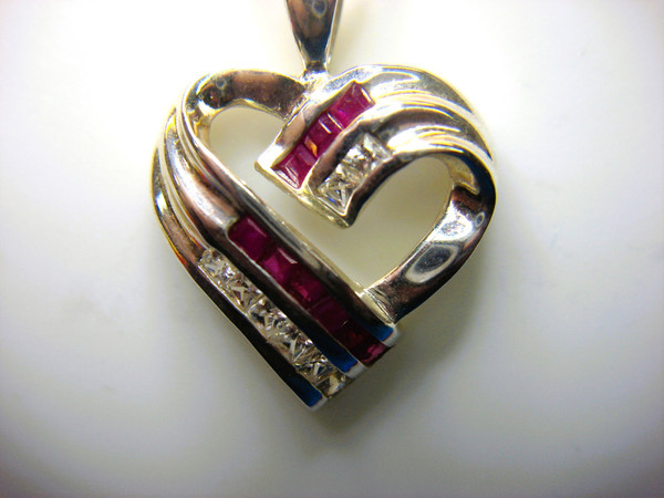 Sterling Silver Heart Necklace w/Red & Clear Stones - Pre-Owned