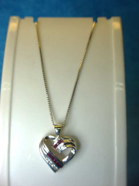 Sterling Silver Heart Necklace w/Red & Clear Stones - Pre-Owned