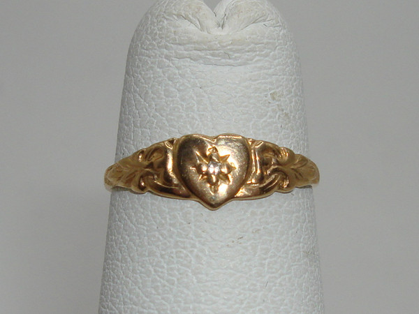 Vintage 1930s Art Nouveau Baby Ring, 10K Gold & Diamond Accent, Size 2