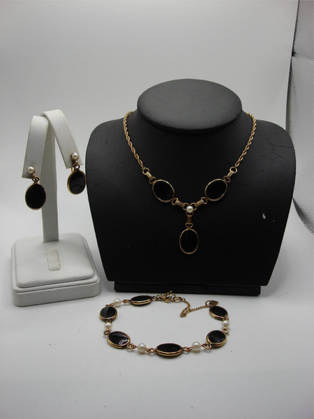 Vintage 1950s Karen Lynne Gold Filled Onyx & Pearl Jewelry Set - Bracelet, Necklace & Earrings