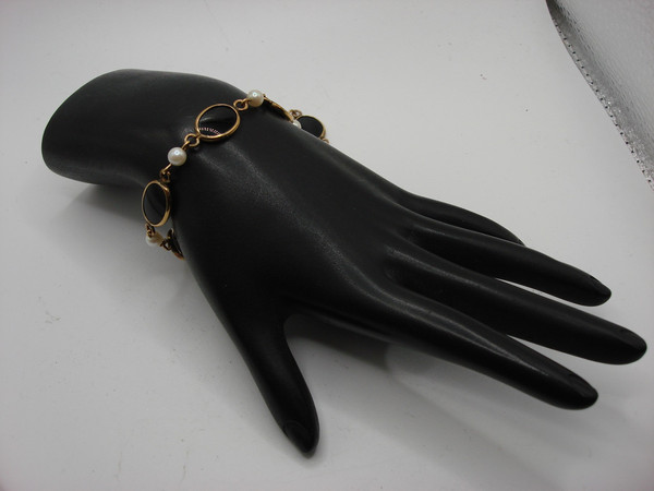 Vintage 1950s Karen Lynne Gold Filled Onyx & Pearl Jewelry Set - Bracelet, Necklace & Earrings