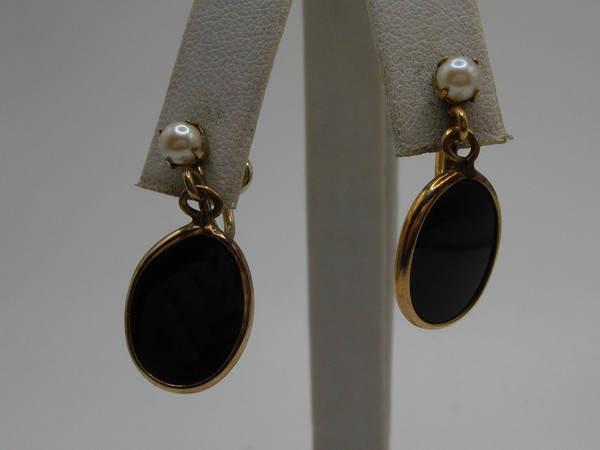 Vintage 1950s Karen Lynne Gold Filled Onyx & Pearl Jewelry Set - Bracelet, Necklace & Earrings