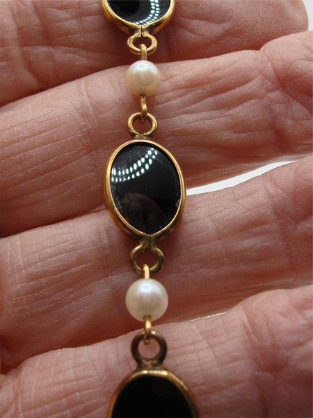 Vintage 1950s Karen Lynne Gold Filled Onyx & Pearl Jewelry Set - Bracelet, Necklace & Earrings