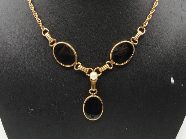 Vintage 1950s Karen Lynne Gold Filled Onyx & Pearl Jewelry Set - Bracelet, Necklace & Earrings