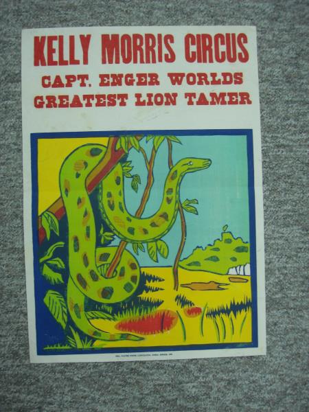 Vintage Kelly Morris Circus Poster - Captain Enger Lion Tamer & Snake 1952