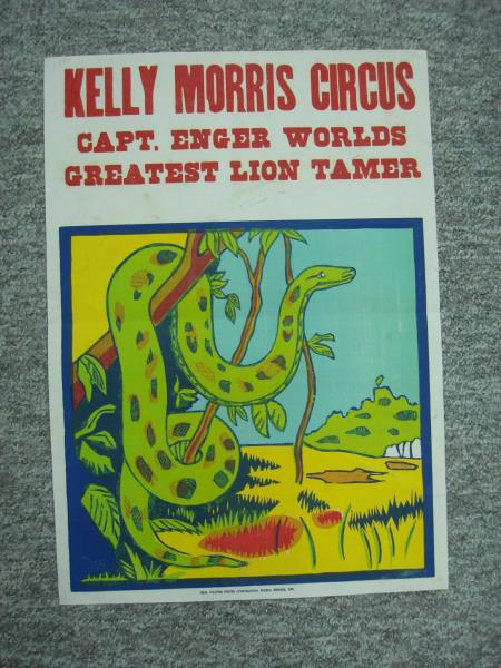 Vintage Kelly Morris Circus Poster - Captain Enger Lion Tamer & Snake 1952