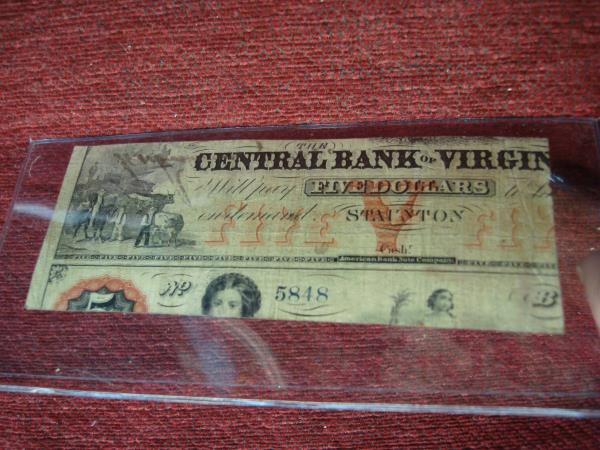 1862 Central Bank of Virginia $1 Note - Recycled $5 Bill, Excellent Display Condition