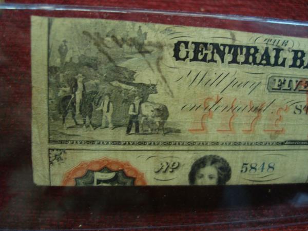 1862 Central Bank of Virginia $1 Note - Recycled $5 Bill, Excellent Display Condition