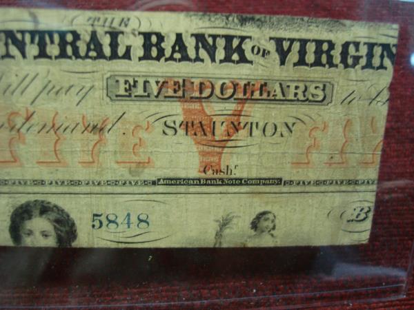 1862 Central Bank of Virginia $1 Note - Recycled $5 Bill, Excellent Display Condition