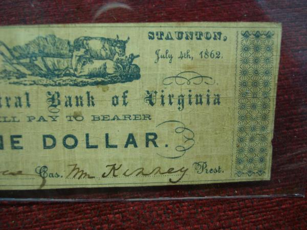 1862 Central Bank of Virginia $1 Note - Recycled $5 Bill, Excellent Display Condition