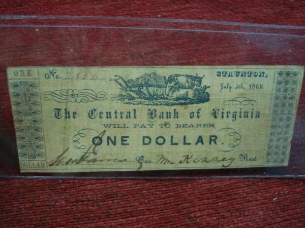 1862 Central Bank of Virginia $1 Note - Recycled $5 Bill, Excellent Display Condition