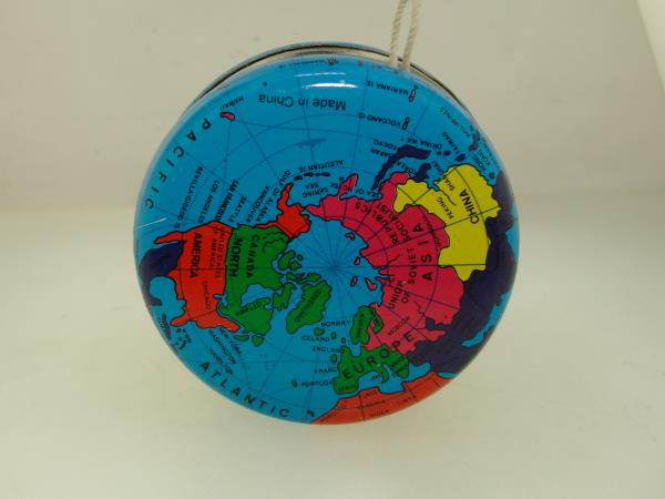 Vintage Lithographed World Map Metal Yo-Yo - Double Sided, Original Cord
