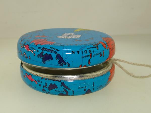 Vintage Lithographed World Map Metal Yo-Yo - Double Sided, Original Cord