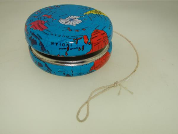 Vintage Lithographed World Map Metal Yo-Yo - Double Sided, Original Cord