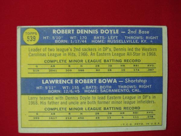 1970 Topps Baseball Larry Bowa RC, Dennis Doyle RC Phillies #539 - Nice Condition