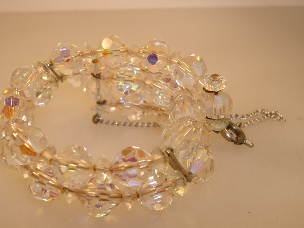 Vintage 1960s Aurora Borealis Crystal Bead Bracelet - Memory Wire, Iridescent Beads
