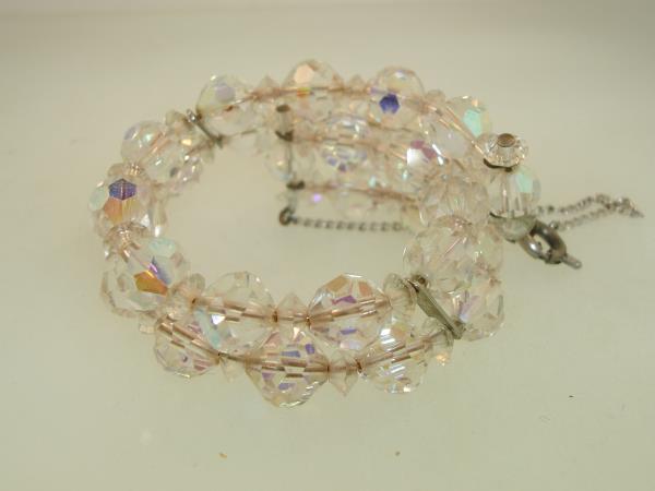 Vintage 1960s Aurora Borealis Crystal Bead Bracelet - Memory Wire, Iridescent Beads